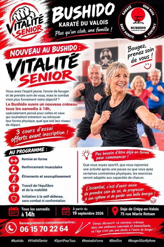 Affiche du cours Vitalité Senior : tous les samedis à 14h, dojo de Crépy-en-Valois